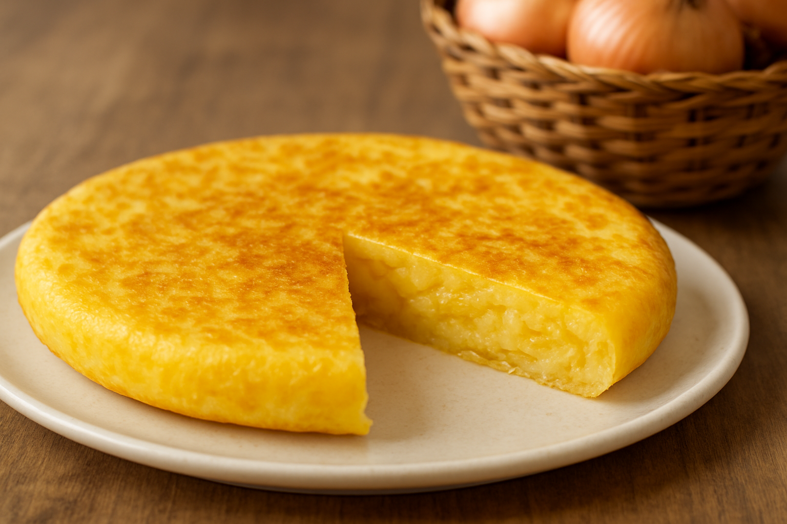 la tortilla entera menos una porcion, mas amarilla por encima