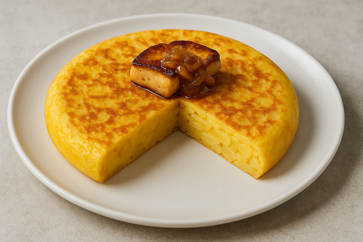 mas fina y amarilla, el trozo de foie y la cebolla caramelizada encima de la tortilla