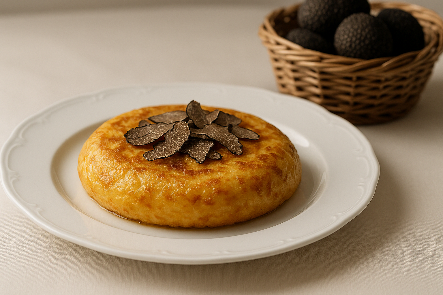 tortilla con trufa, una imagen real, fina y elegante, con trufas en una cesta detras de la tortilla 